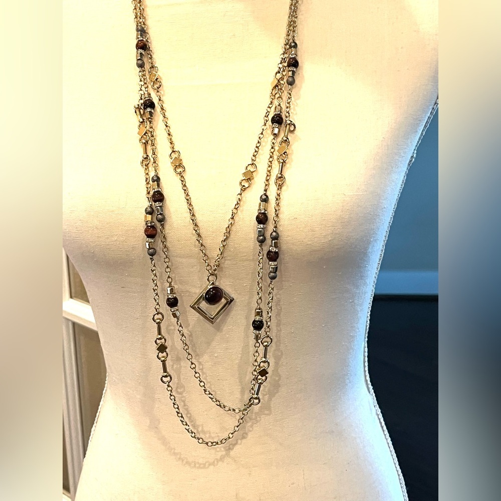 White House Black Market Gold and Brown Necklace Layered 3 Strands